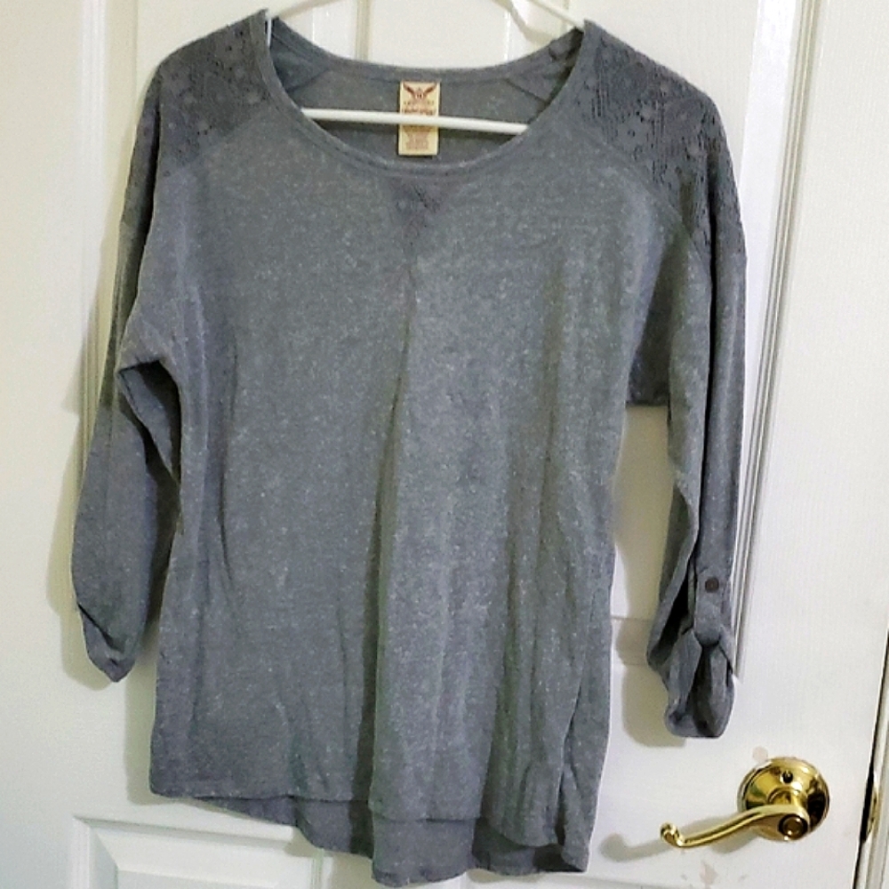 Faded Glory Gray Laced Dolman Roll Up Sleeves Casual Lounging Knit Top XS